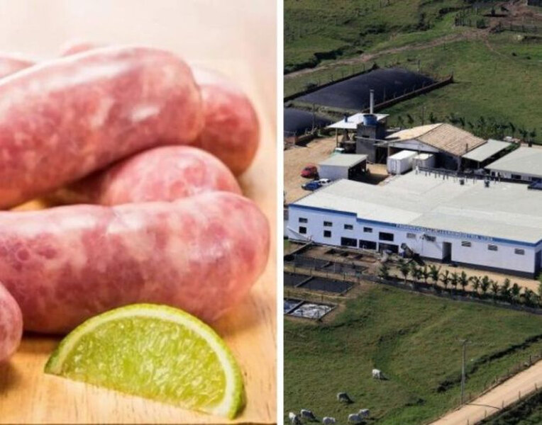 Prateleira de açougue com embalagens de linguiça suspensas por alerta sanitário, símbolo de aviso em destaque, paleta navy e dourado.