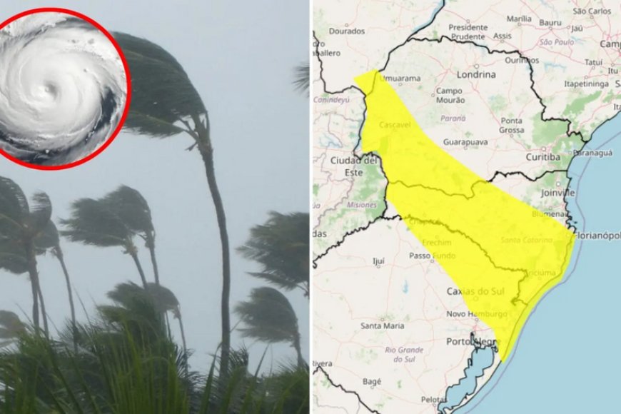 Mar agitado em Imbituba com ondas intensas e céu nublado, evidenciando alerta meteorológico do ciclone bomba.