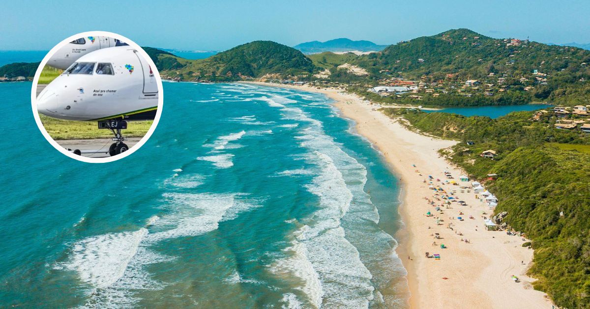 Aerial drone photo of Imbituba coastline in Santa Catarina Brazil, clear blue ocean, sandy beaches, green hills, small fishing village visible, golden afternoon light, photorealistic, wide angle, no people