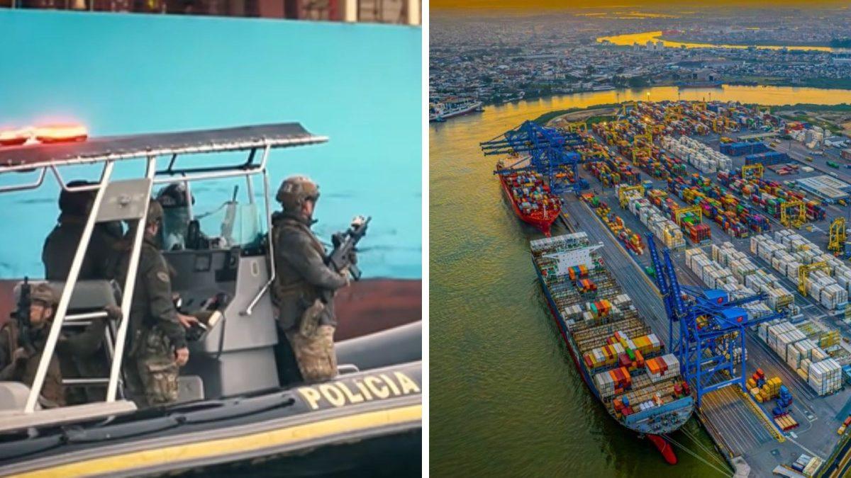 Ilustração editorial de navio cargueiro ancorado em baía, com silhuetas de mergulhadores submersos fixando fardos no casco abaixo da linha d'água, tons navy e dourado sobre fundo off-white.