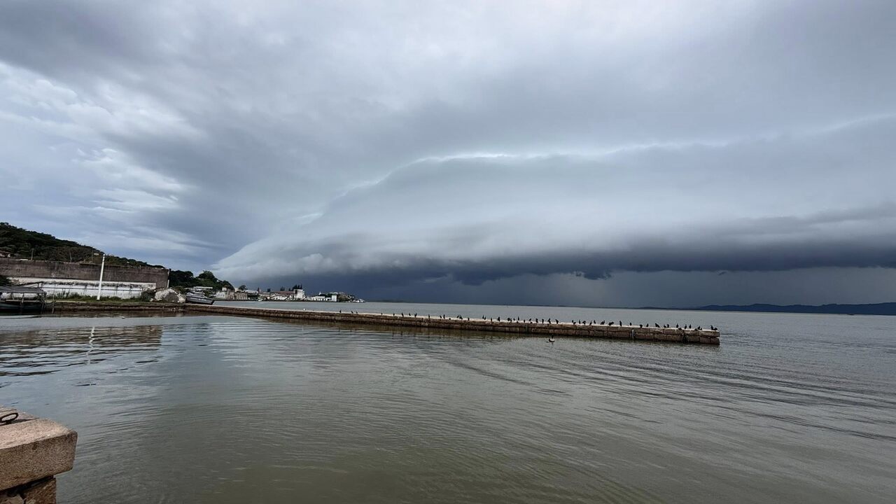 Ilustração da costa de Imbituba em alerta climático: ondas agitadas, estruturas de porto em silhueta, céu com tons de aviso, paleta navy e dourado