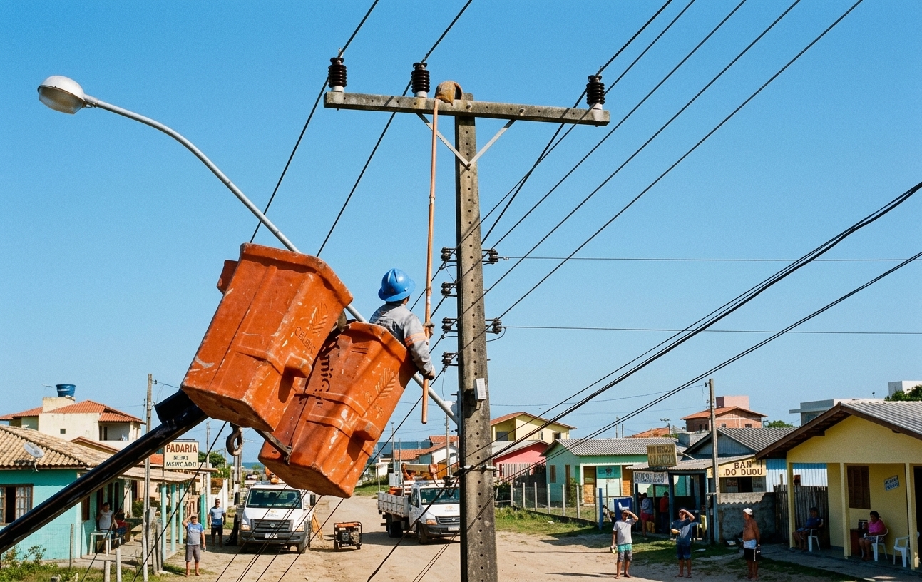 Técnico em manutenção de rede elétrica em poste de Itapirubá, com equipamentos de segurança e ferramentas, durante trabalho de manutenção preventiva.