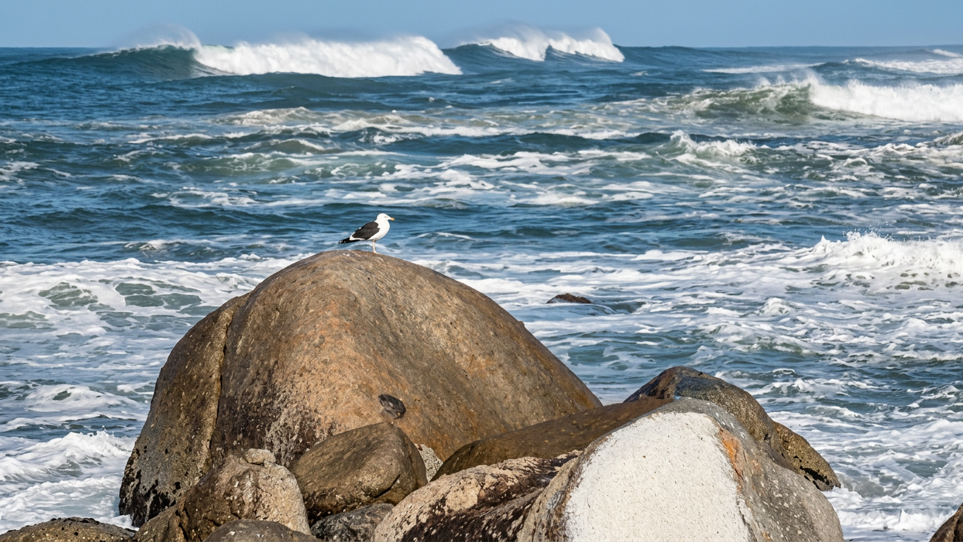 Orla de Imbituba com mar agitado, ondas elevadas e céu encoberto durante alerta de ciclone extratropical.