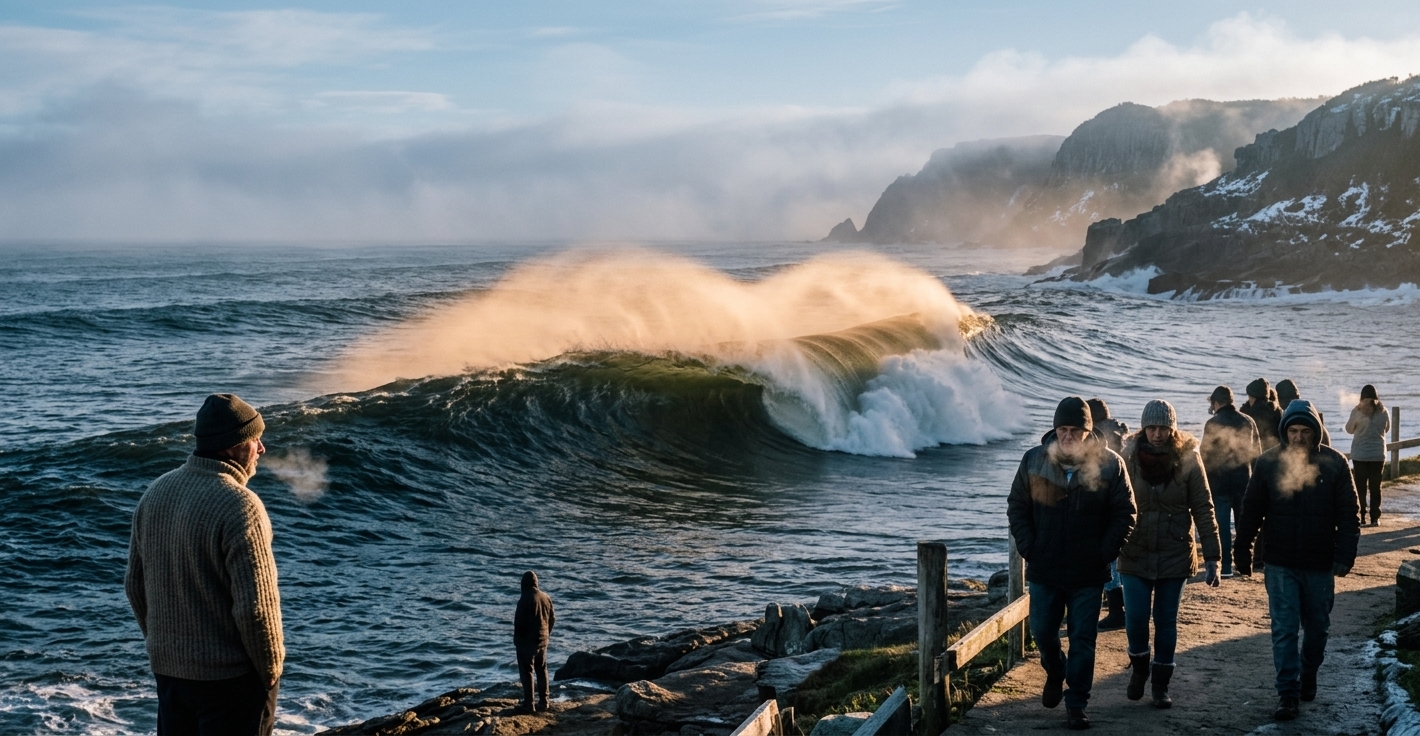 Ondas de até 4 metros batem a costa de Imbituba sob céu encoberto, com espuma branca e luz matinal fria do ar polar.