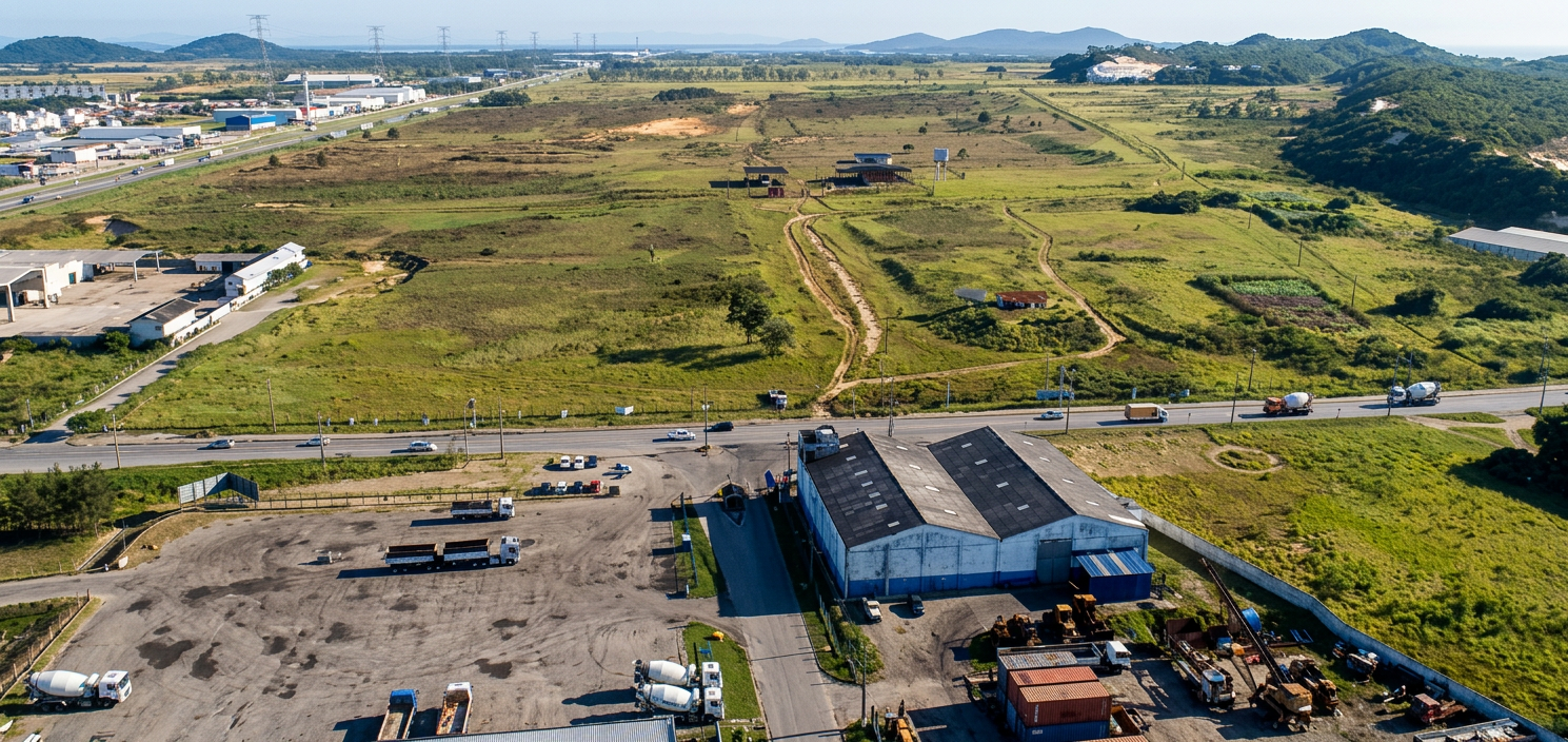 Área portuária de Imbituba com infraestrutura de zona de processamento e cais ao fundo, sob luz natural diurna.