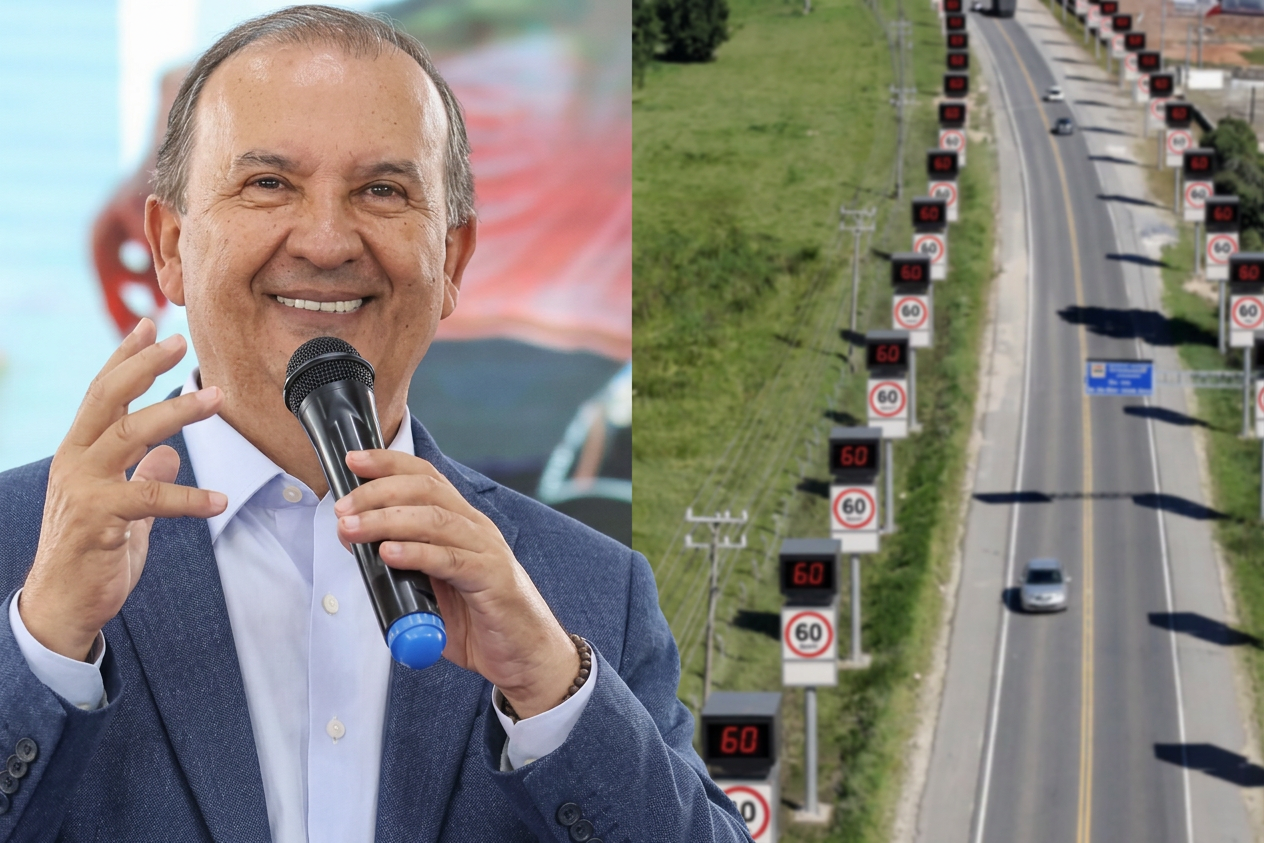 Rodovia estadual em perspectiva com marcações de pista, simbolizando suspensão de fiscalização eletrônica em SC