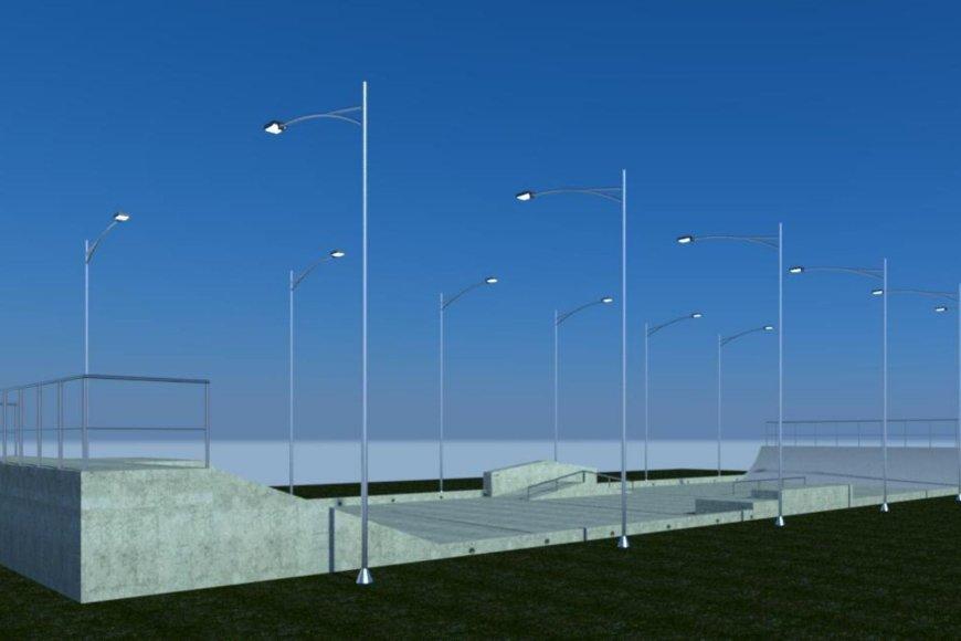 Skatista em silhueta sobre rampa de concreto ao ar livre, com formas geométricas em azul-marinho e dourado sobre fundo off-white, representando a nova pista de skate na Praça da Udesc em Laguna/SC.