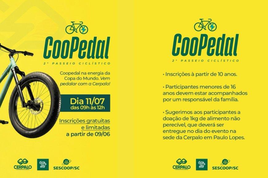 Ilustração editorial flat de ciclistas em silhueta pedalando por paisagem abstrata de Paulo Lopes/SC, com formas geométricas em navy e detalhes em dourado sobre fundo off-white.