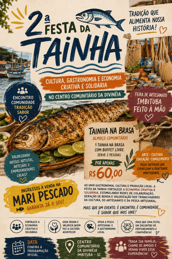 Ilustração editorial flat de um prato com tainha assada, pirão e salada, com silhuetas abstratas de pescadores ao fundo e formas geométricas em navy e dourado sobre fundo off-white, representando a tradição pesqueira de Imbituba/SC.