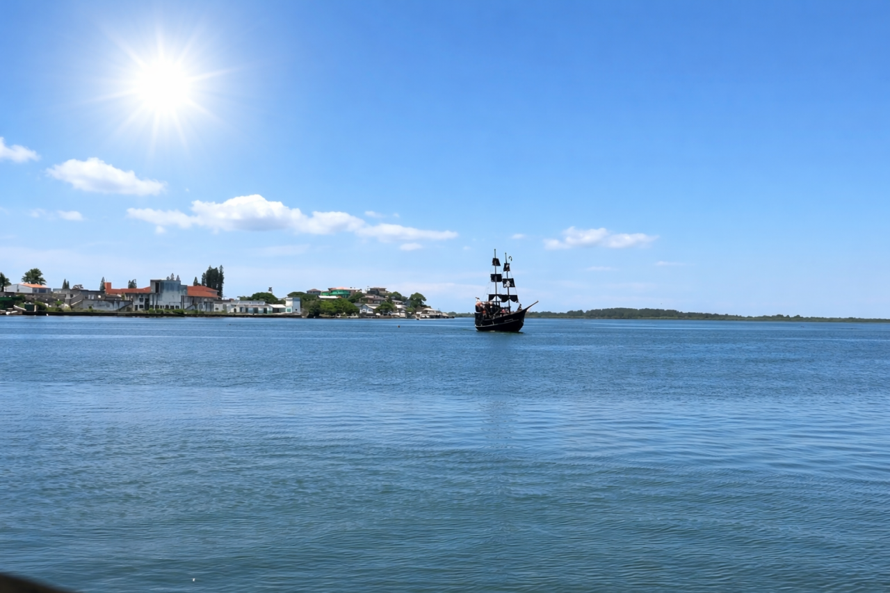 Wide angle photo of Imbituba coastline on a sunny autumn morning in southern Brazil, clear blue sky, calm sea, golden warm light, small fishing boats near the shore, no people, photorealistic, cinematic natural lighting